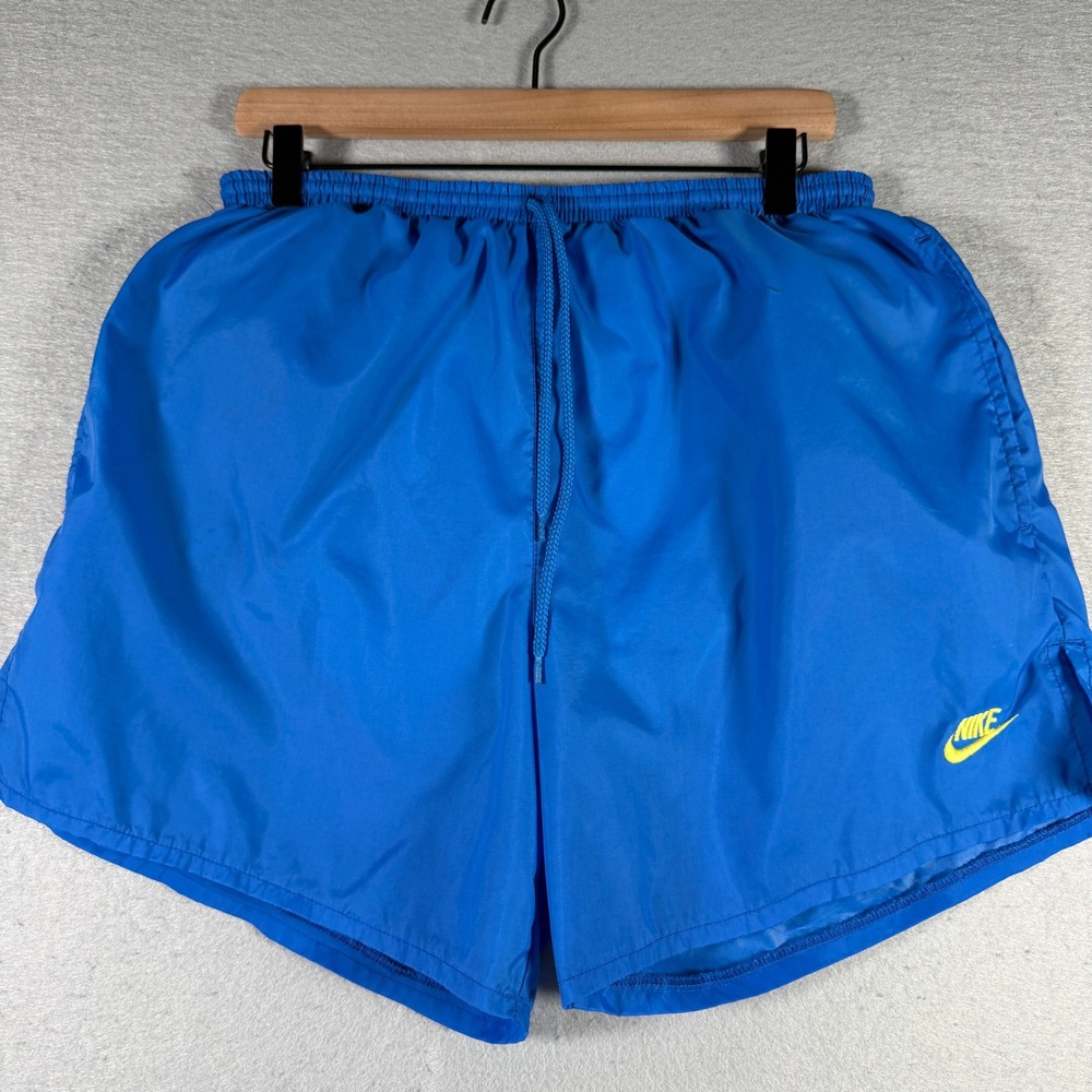 Vintage Nike Mens Royal Blue Running Shorts Yellow Swoosh Logo Size L 5in Inseam